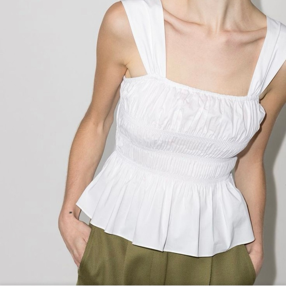 STAUD Ida Poplin Smocked Peplum Top WHITE